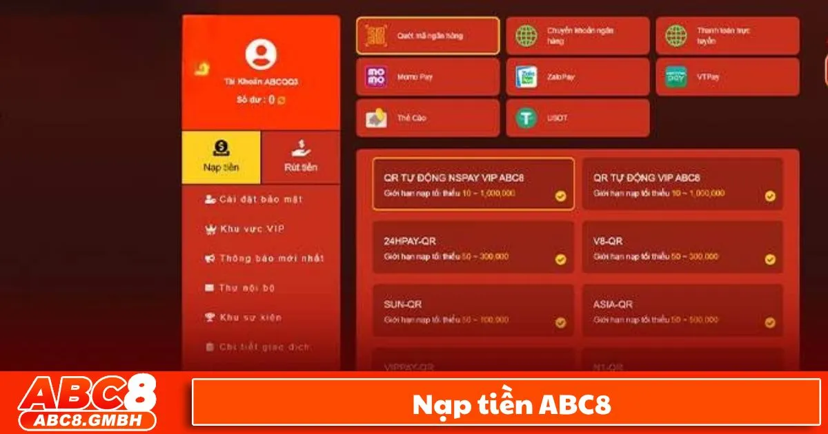 Các Phương Thức Nạp Tiền ABC8 Hỗ Trợ Người Chơi