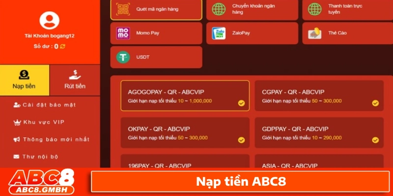 Quy trình nạp tiền ABC8